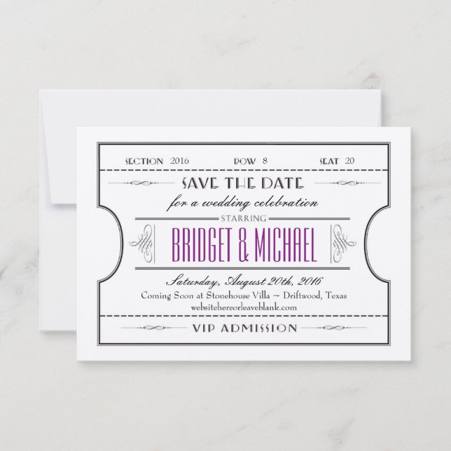 Vintage Movie Ticket Wedding Save The Date (Front)