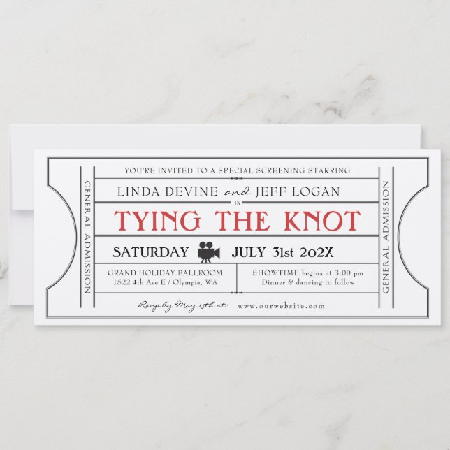 Vintage Movie Wedding Ticket Invitation (Front)