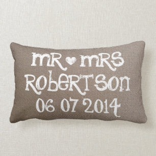 Vintage Mr and Mrs burlap lumbar wedding pillow