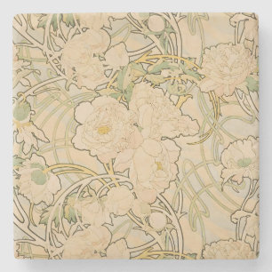 Vintage Mucha Peony Flower Botanical Garden Art Stone Coaster