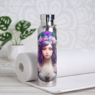Vintage Mucha Style Beautiful Woman Portrait Water Bottle