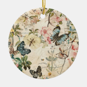 Vintage Multi Butterflies and Flowers Ceramic Tree Decoration