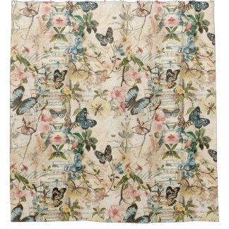 Vintage Multi Butterflies and Flowers Shower Curtain