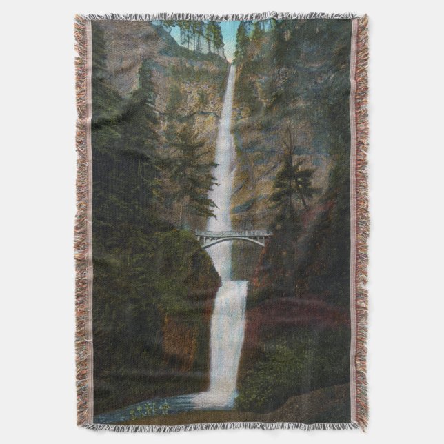 Vintage Multnomah Falls Oregon Throw Blanket (Front Vertical)
