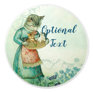 Vintage Mum Cat with Kittens Ceramic Knob
