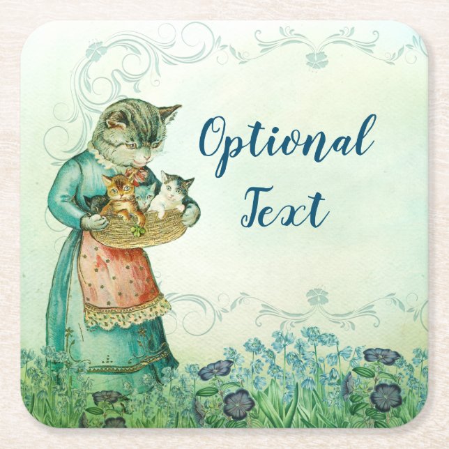 Vintage Mum Cat with Kittens  Square Paper Coaster (Front)