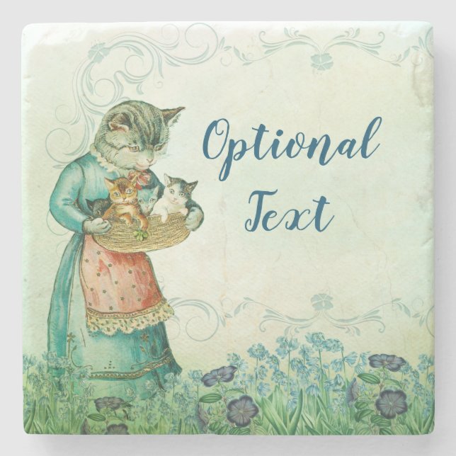 Vintage Mum Cat with Kittens  Stone Coaster (Front)