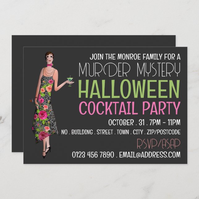 Vintage Murder Mystery Halloween Cocktail Party Invitation (Front/Back)