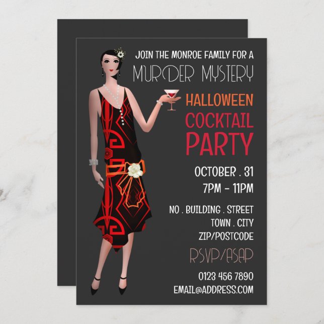 Vintage Murder Mystery Halloween Cocktail Party Invitation (Front/Back)