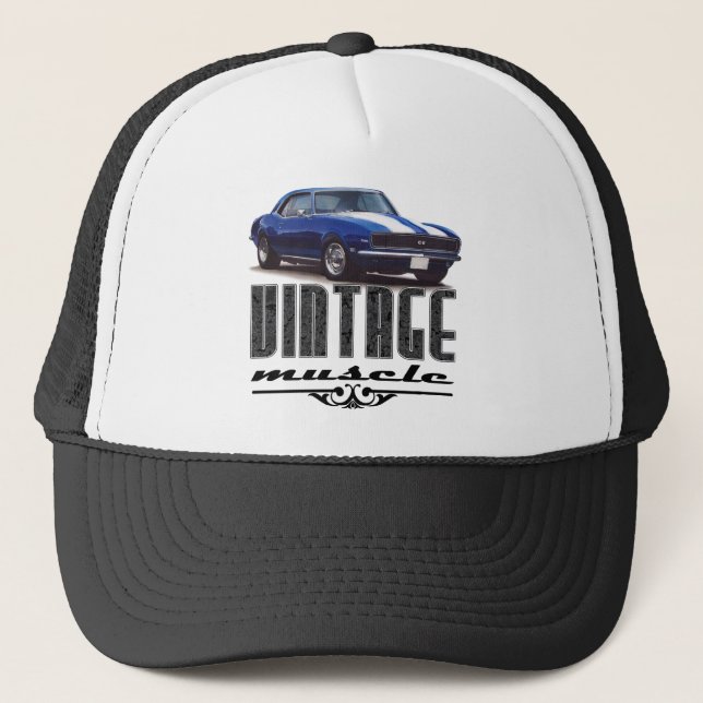 Vintage Muscle Blue Camaro Trucker Hat (Front)