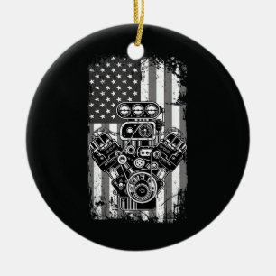 Vintage Muscle Car Piston American Flag Funny Mech Ceramic Tree Decoration