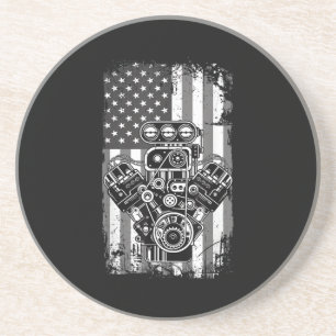 Vintage Muscle Car Piston American Flag Funny Mech Coaster