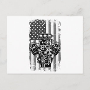 Vintage Muscle Car Piston American Flag Funny Mech Holiday Postcard