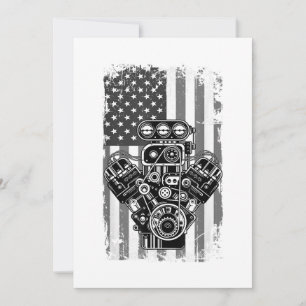 Vintage Muscle Car Piston American Flag Funny Mech Invitation