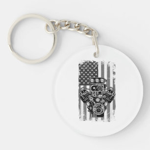 Vintage Muscle Car Piston American Flag Funny Mech Key Ring