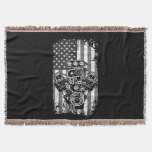 Vintage Muscle Car Piston American Flag Funny Mech Throw Blanket