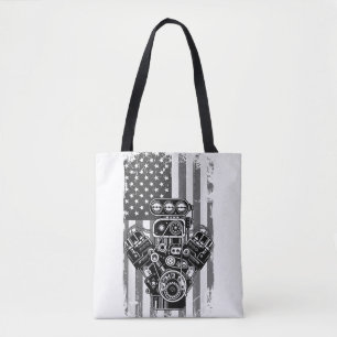 Vintage Muscle Car Piston American Flag Funny Mech Tote Bag
