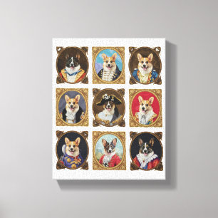 Vintage Museum Wall, Hilarious Corgi Dog Portraits Canvas Print