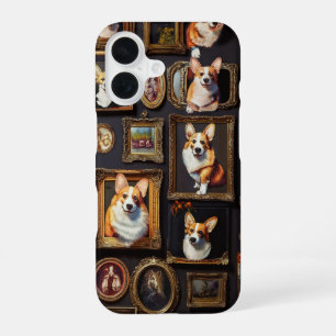 Vintage Museum Wall, Hilarious Corgi Dog Portraits iPhone 16 Case