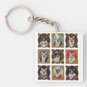 Vintage Museum Wall, Hilarious Corgi Dog Portraits Key Ring