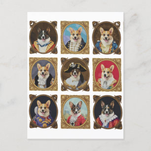 Vintage Museum Wall, Hilarious Corgi Dog Portraits Postcard