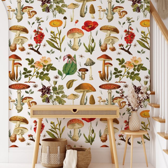 Vintage Mushroom and Wildflower Wallpaper (In situ)