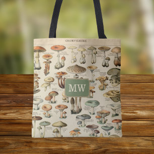 Vintage Mushroom Custom Monogram Book Tote Bag