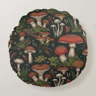 Vintage Mushroom Forest Botanical Round Cushion