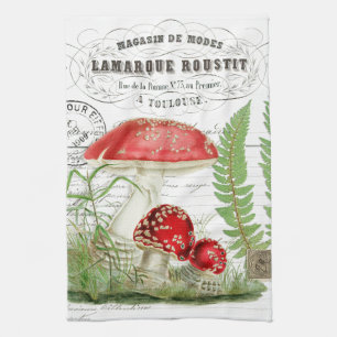 Vintage Mushroom French Script Kitchen Hand Towel
