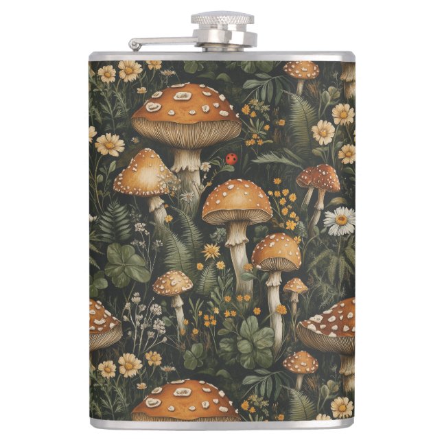 Vintage Mushroom Garden Seamless Pattern Hip Flask (Front)