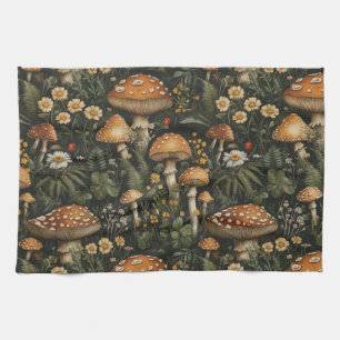Vintage Mushroom Garden Seamless Pattern Tea Towel