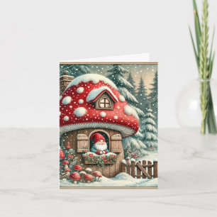 Vintage Mushroom House Christmas Card with Gnome