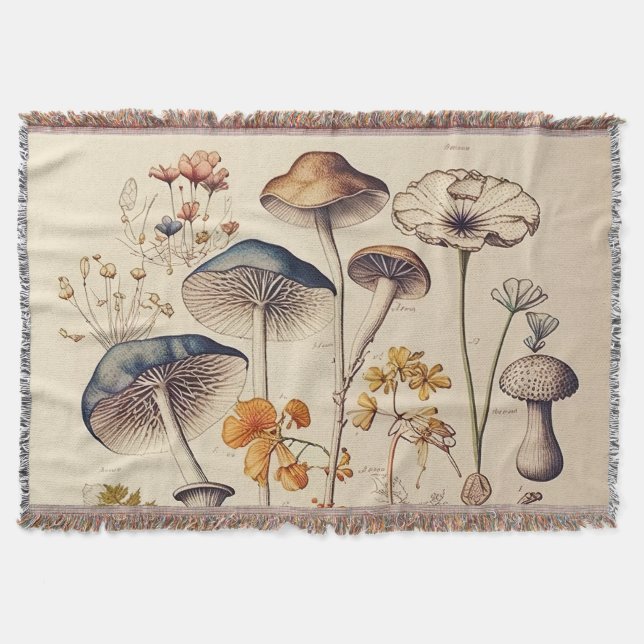 Vintage Mushroom Naturalist Throw Blanket (Front)