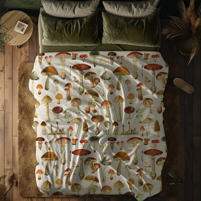 Vintage Mushroom Pattern Fleece Blanket (In situ)