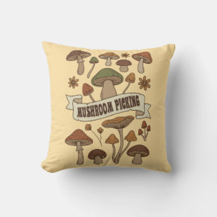 Vintage Mushroom Picking Illustration Cushion