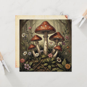 Vintage Mushroom Red Caps and Wildflowers Art