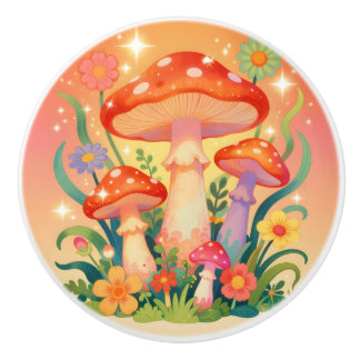 Vintage Mushrooms and Flowers Ceramic Knob