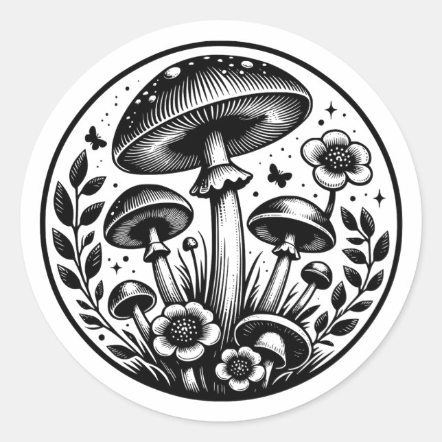 Vintage Mushrooms and Flowers  Classic Round Sticker (Front)