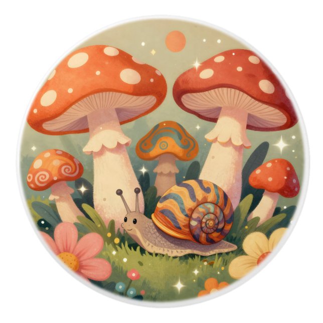 Vintage Mushrooms,  Flowers and Snail Ceramic Knob (Front)