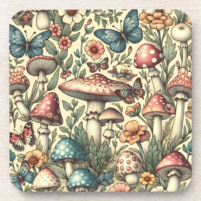 Vintage Mushrooms, Flowers, Butterflies Whimsical Coaster (Front)