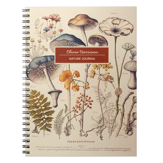 Vintage Mushrooms Nature Name and Subject Notebook (Front)