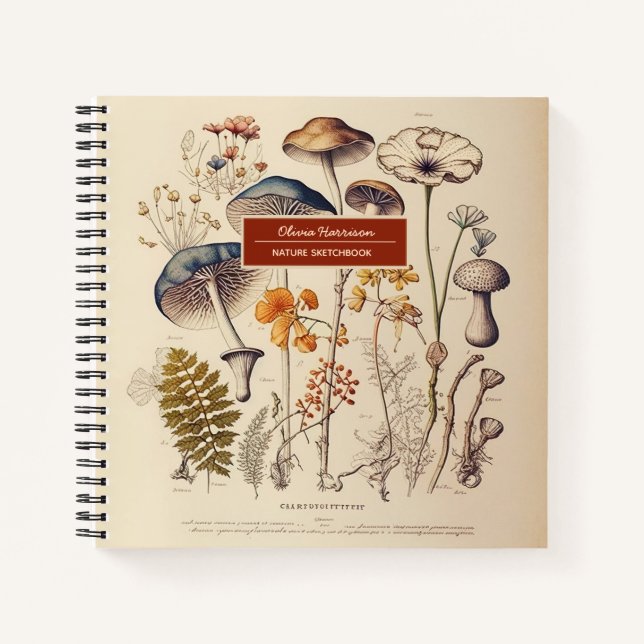 Vintage Mushrooms Nature Name and Subject Notebook (Front)