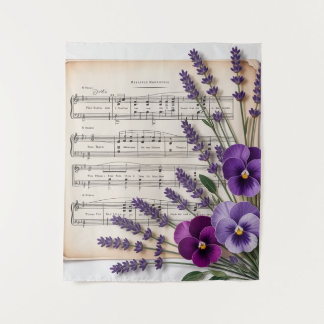 Vintage Music and Lavender Pansies Floral Tapestry (Front)