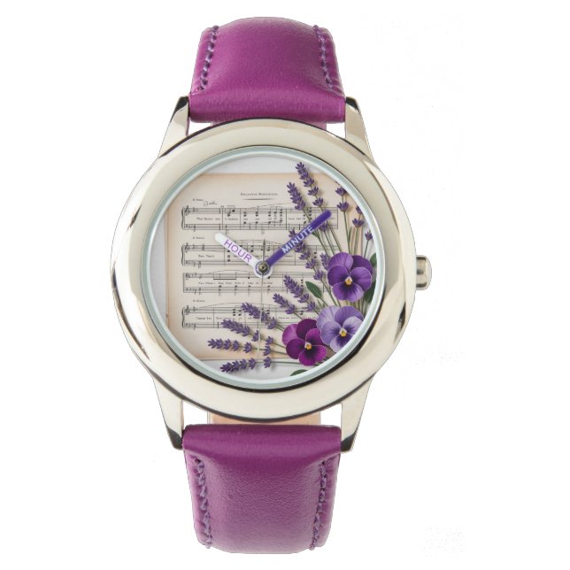 Vintage Music and Lavender Pansies Floral Watch (Front)