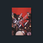 Vintage Music, Art Deco Musical Jazz Band Jamming Canvas Print<br><div class="desc">Vintage illustration art deco design featuring a musical image with a band of musicians performing trombones,  drums,  saxophone and other instruments while the lead singer is holding a microphone.</div>