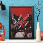 Vintage Music, Art Deco Musical Jazz Band Jamming Poster<br><div class="desc">Vintage illustration art deco design featuring a musical image with a band of musicians performing trombones,  drums,  saxophone and other instruments while the lead singer is holding a microphone.</div>