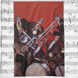 Vintage Music, Art Deco Musical Jazz Band Jamming Tea Towel