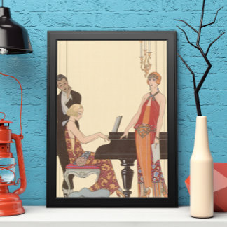 Vintage Music, Art Deco Pianist Musician Singer Poster