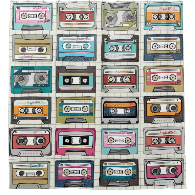 Vintage music cassette design shower curtain (Front)