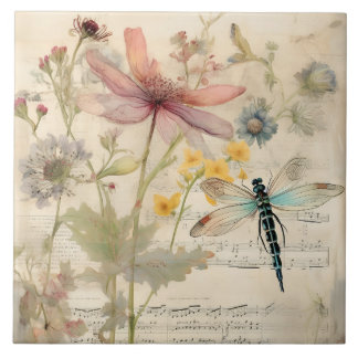 Vintage Music French Floral Dragonfly Art Tile